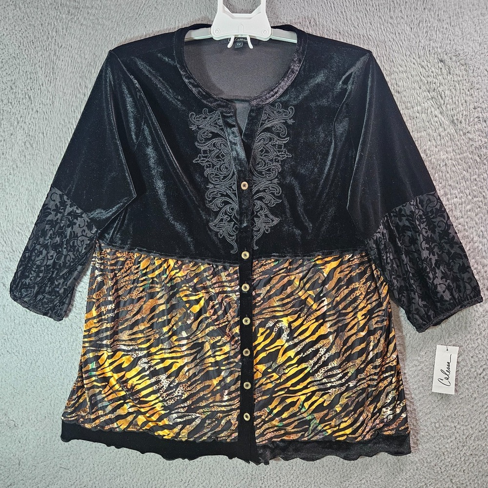 $79 NEW Calessa Velvet Shirt Top Women 1X Stretch Embroidered Black Tiger‎ Print